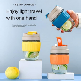 Dual Drink Glass Tumbler Cup with Silicone Sleeve and Straw-350ml