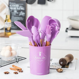 12 Pieces Silicone Kitchen Utensils Set with Wooden Handle