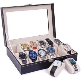 12 Slots Leather Glass Watch Storage Organizer Box