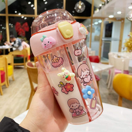 Cute Double Compartment Water Bottle With Two Straws For Kids-430 ML